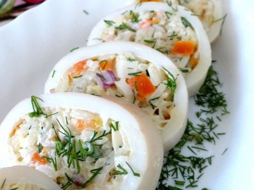 Кальмары фаршированные салатом и рецепты самой вкусной еды из кальмаров.